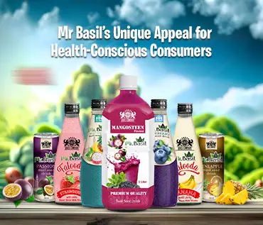Mr Basil health appeal for consumers - variety of Falooda milk shake and basil seed drink bottles