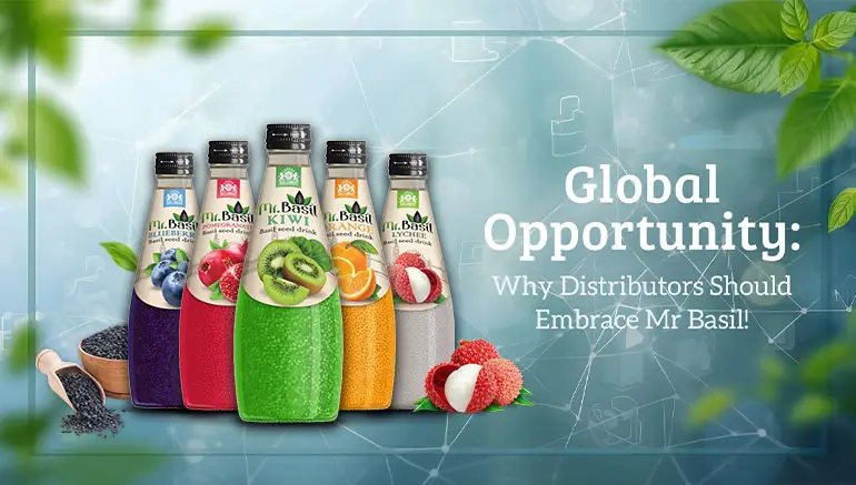 Mr Basil global distributor opportunity showing multiple basil seed drink flavors in vibrant tropical setting
