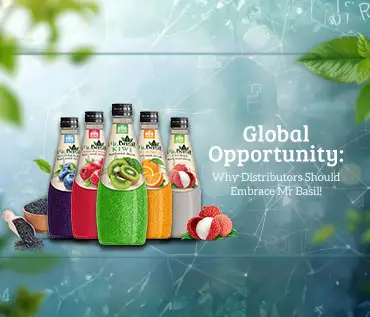 Global distribution opportunity for Mr Basil basil seed drinks - colorful flavors with tropical background