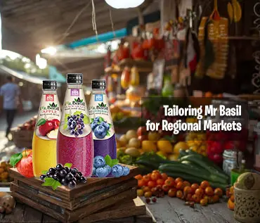 Tailoring Mr Basil basil seed drinks for regional markets - colorful bottles in traditional market setting