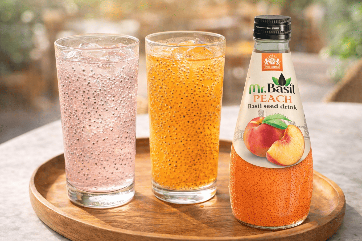 Rose water and mango basil seed drinks with visible soaked seeds floating inside