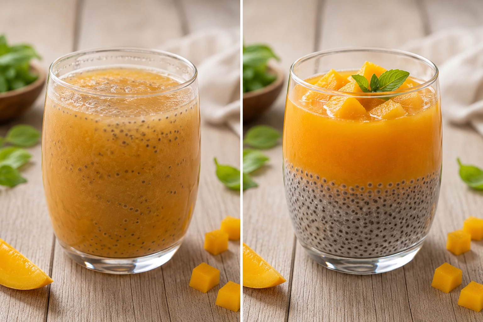 Comparison of a poorly mixed basil seed drink and a properly layered one