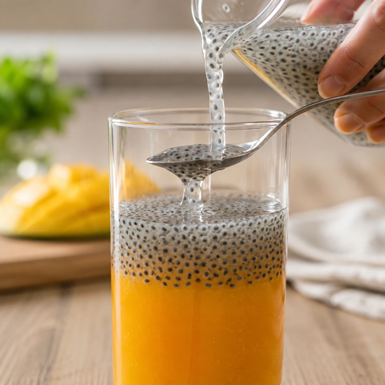 Pouring a basil seed drink over a spoon to keep the layers separate