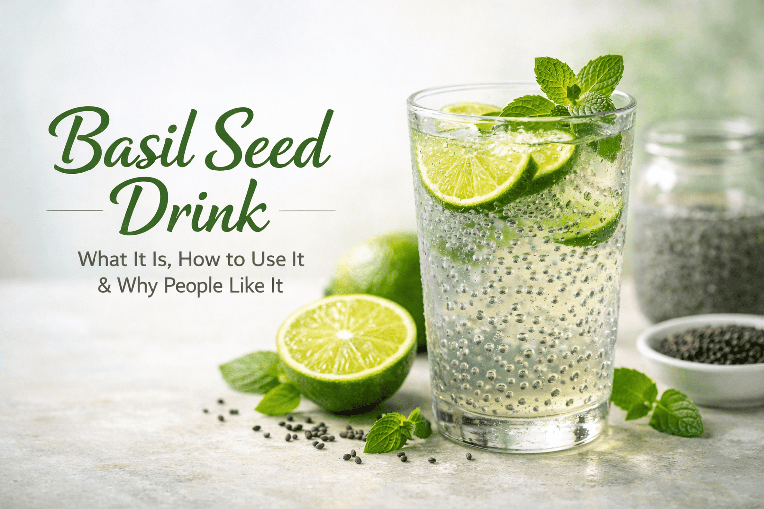 Glass of basil seed drink with lime wedges and mint leaves beside scattered seeds and a jar in the background, overlaid with article title text.