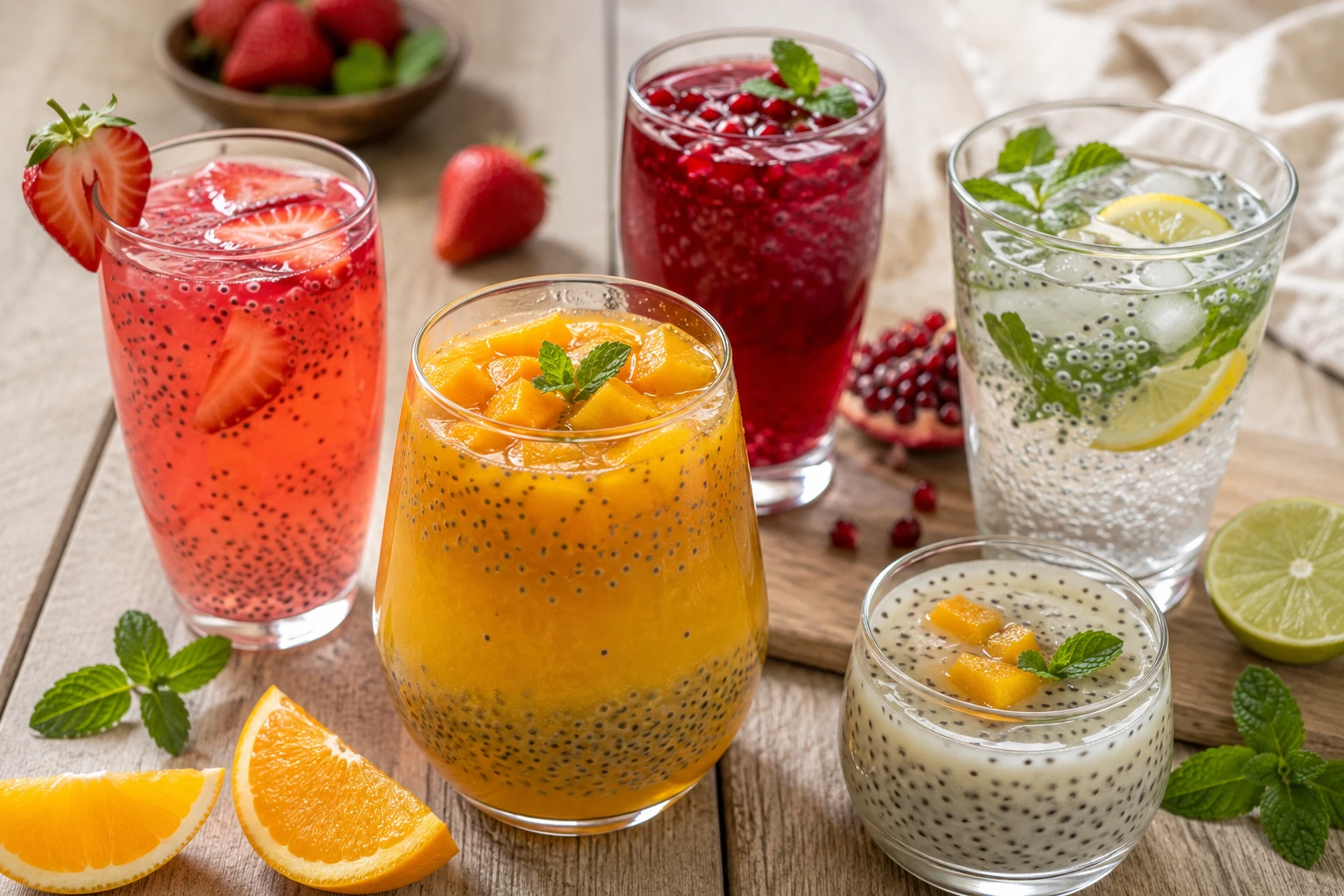 Five basil seed drinks in clear glasses styled for serving at home