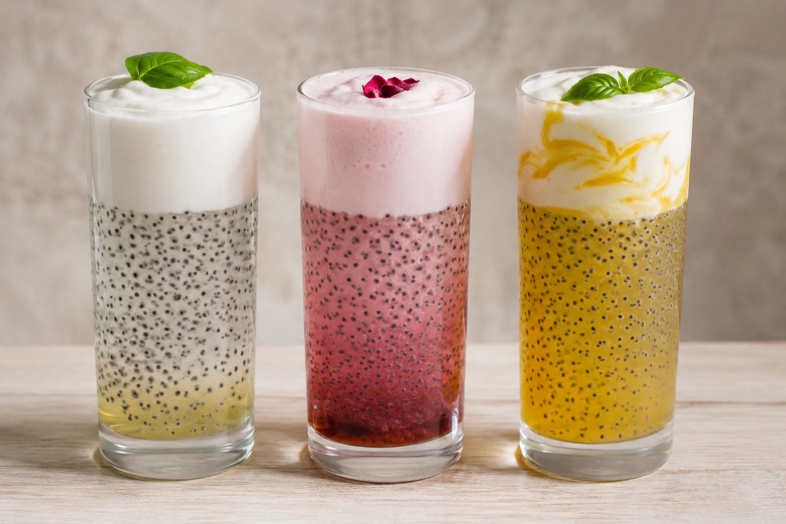 Three basil seed mocktail flavour variations with layered cream