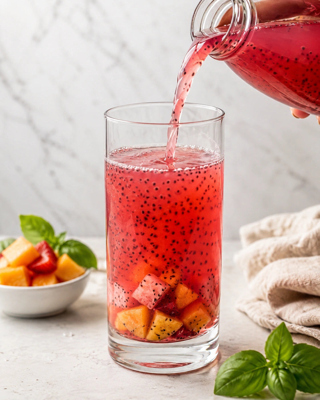 Pouring a basil seed drink into a glass over chopped fruit