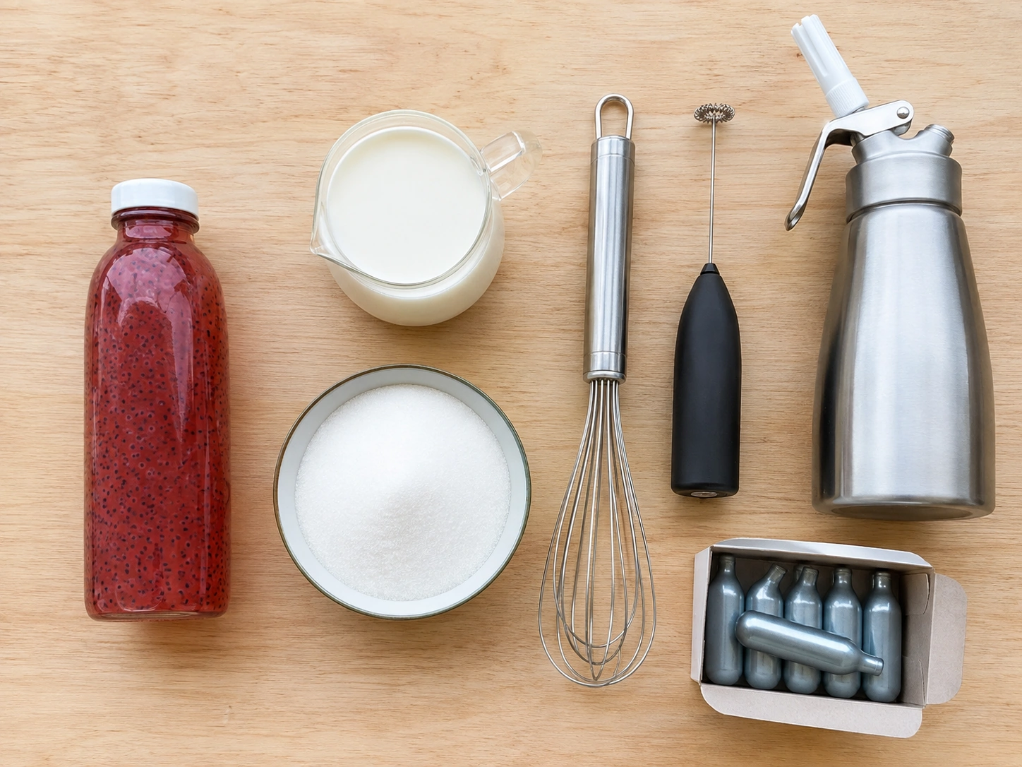 Ingredients and tools for a basil seed mocktail with cream topping