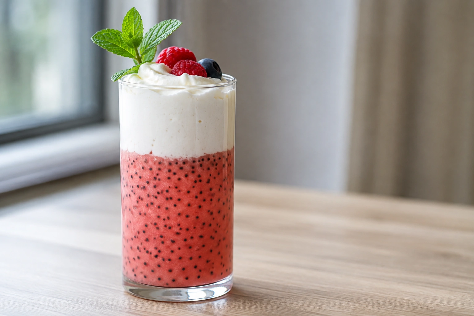 Basil seed mocktail with a layered whipped cream top