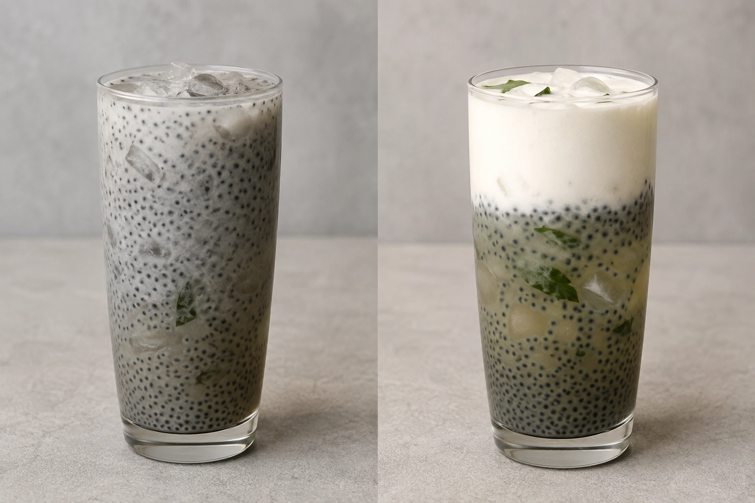 Comparison of a mixed and a properly layered basil seed mocktail