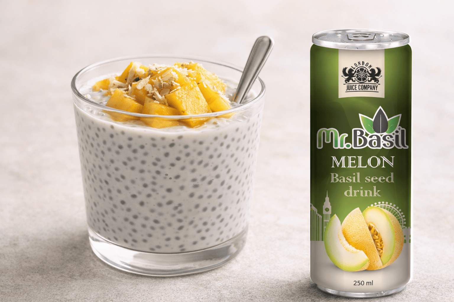 Coconut basil seed pudding in glass dessert cup topped with fresh mango and toasted coconut flakes