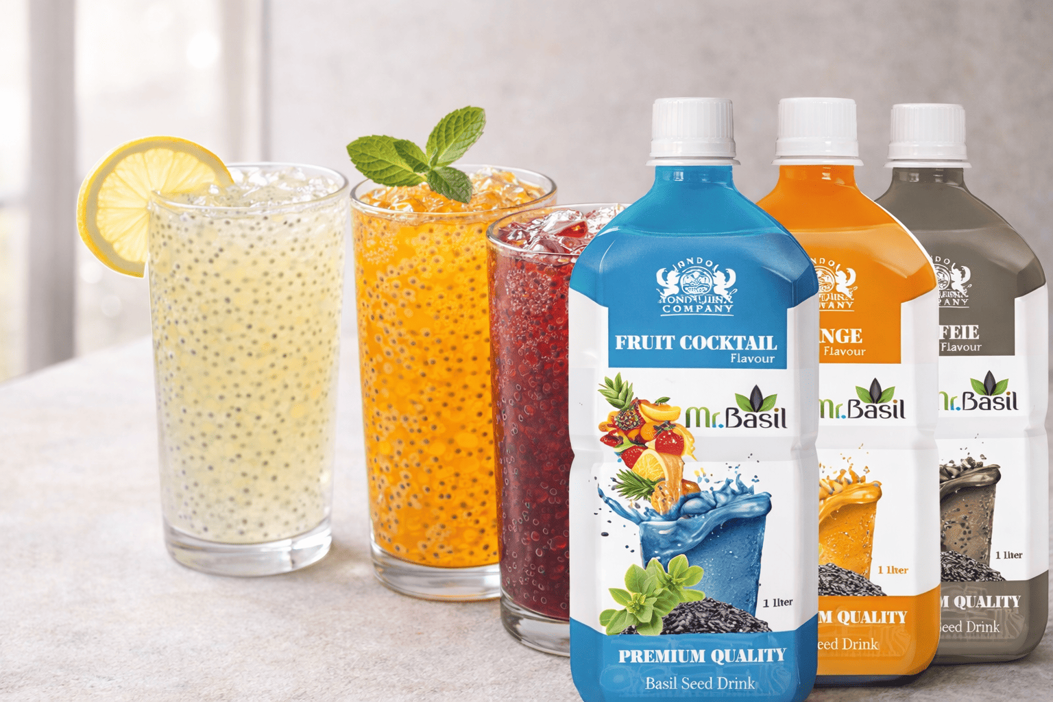 Three basil seed drink recipes in tall glasses showing lemon mango and hibiscus versions with floating seeds