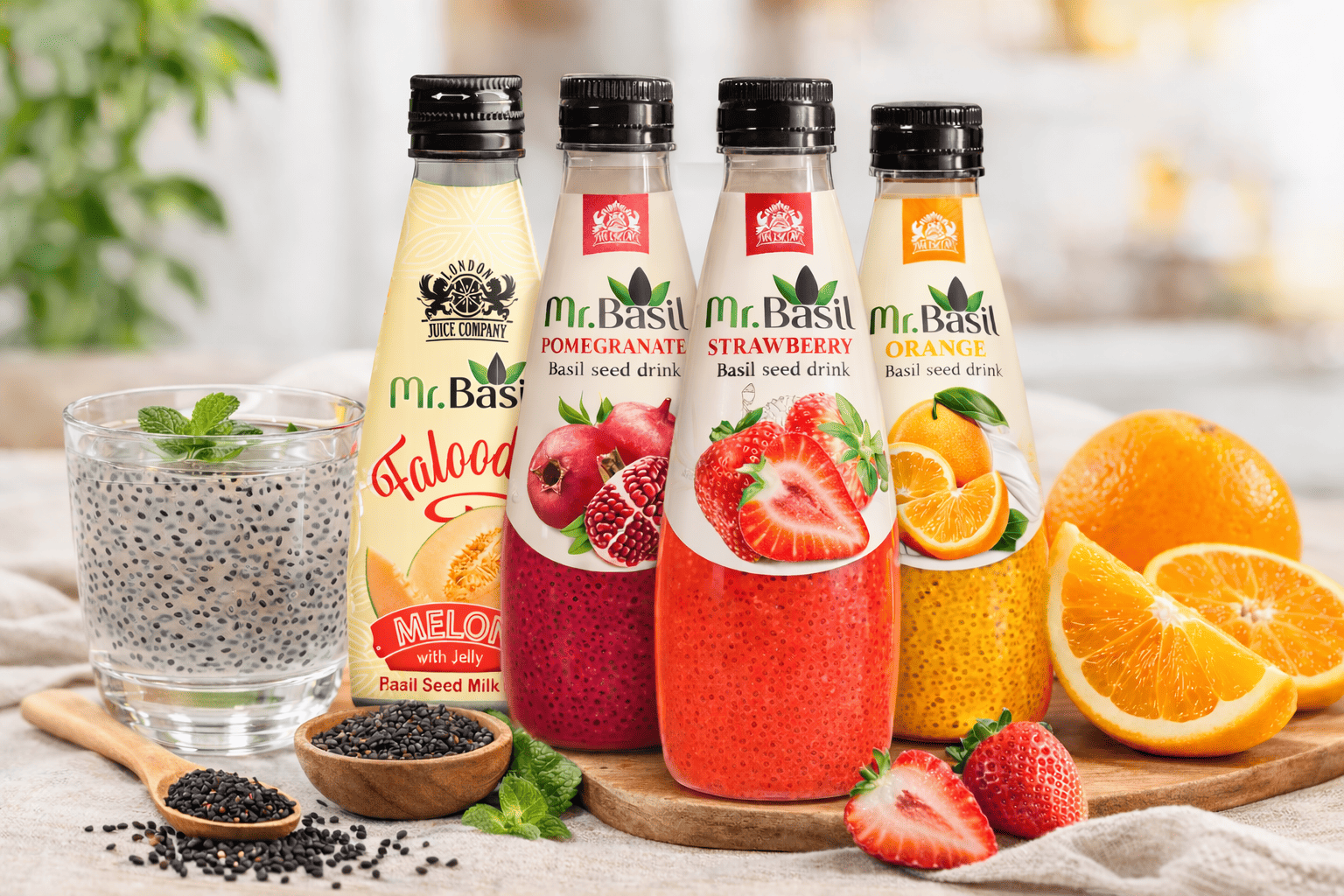 Small glass of soaked basil seeds with teaspoon and fresh basil sprig on white linen surface