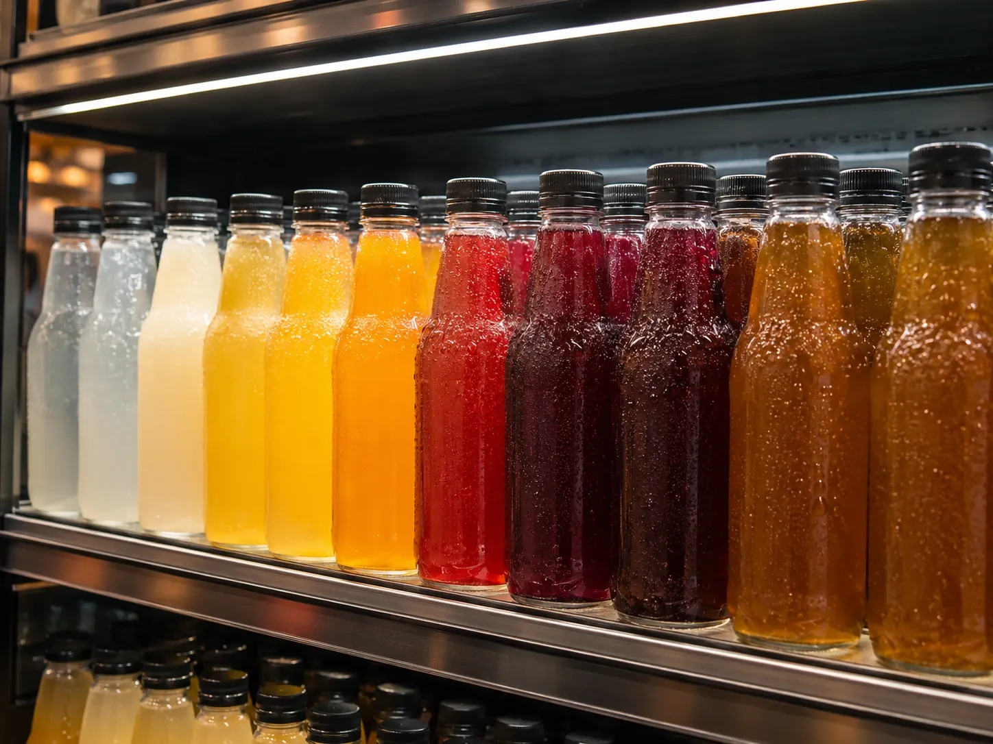 Bottled cold beverages displayed on a retail shelf