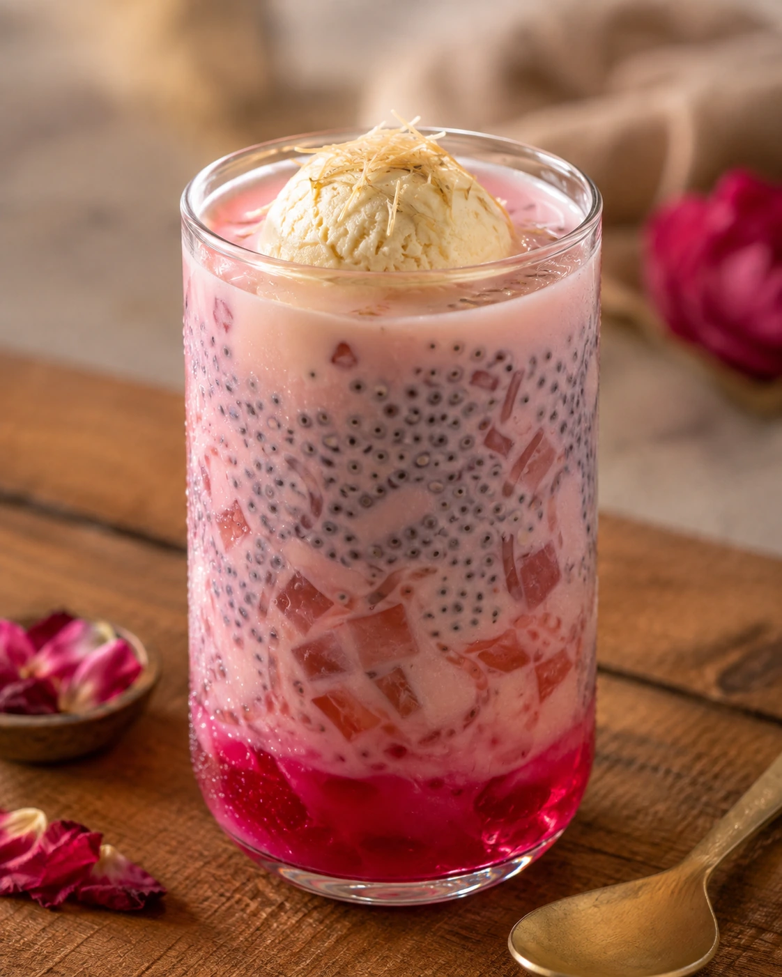 Falooda-style basil seed drink layered with ice cream and jelly