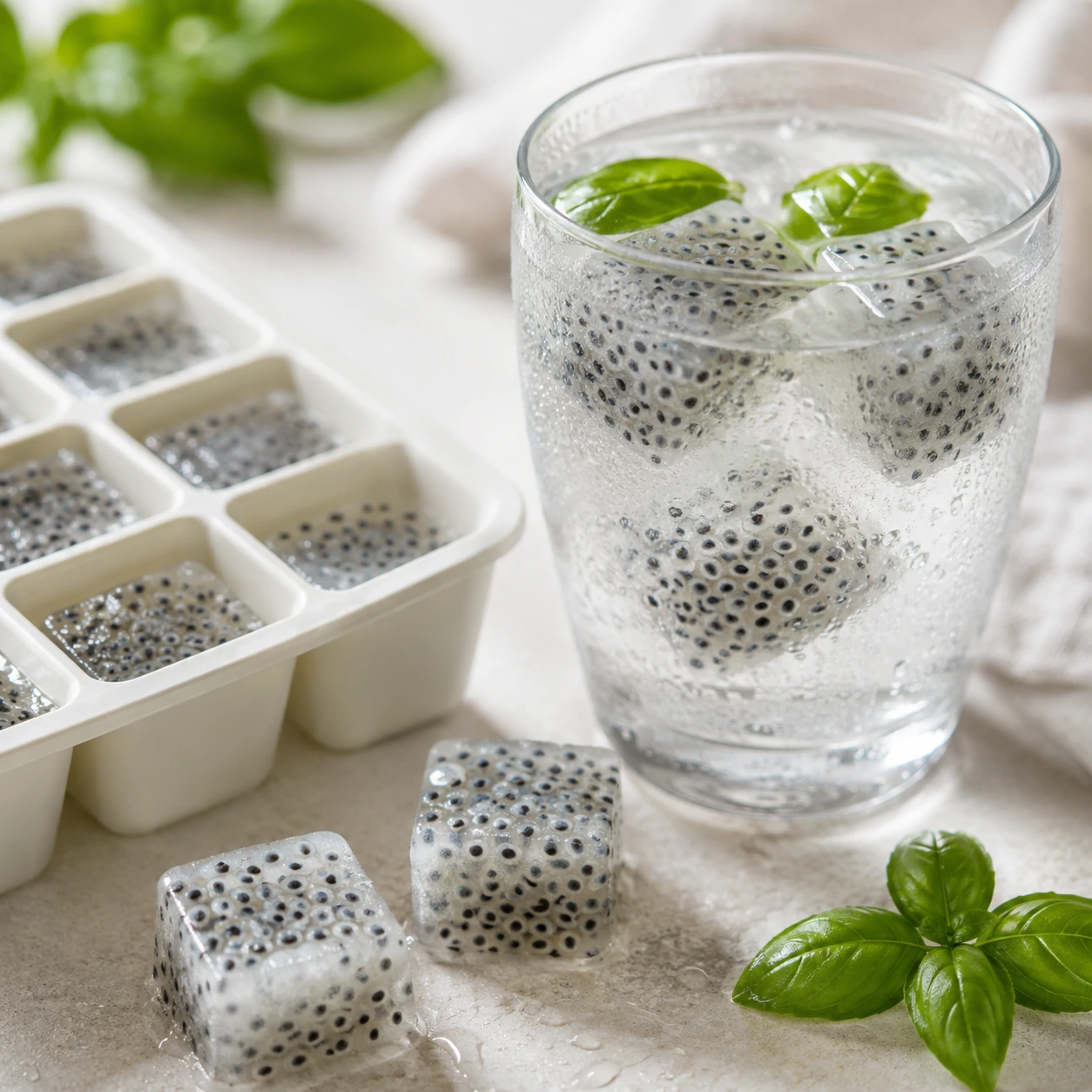 Basil seed drink frozen into ice cubes for a slow-release drink