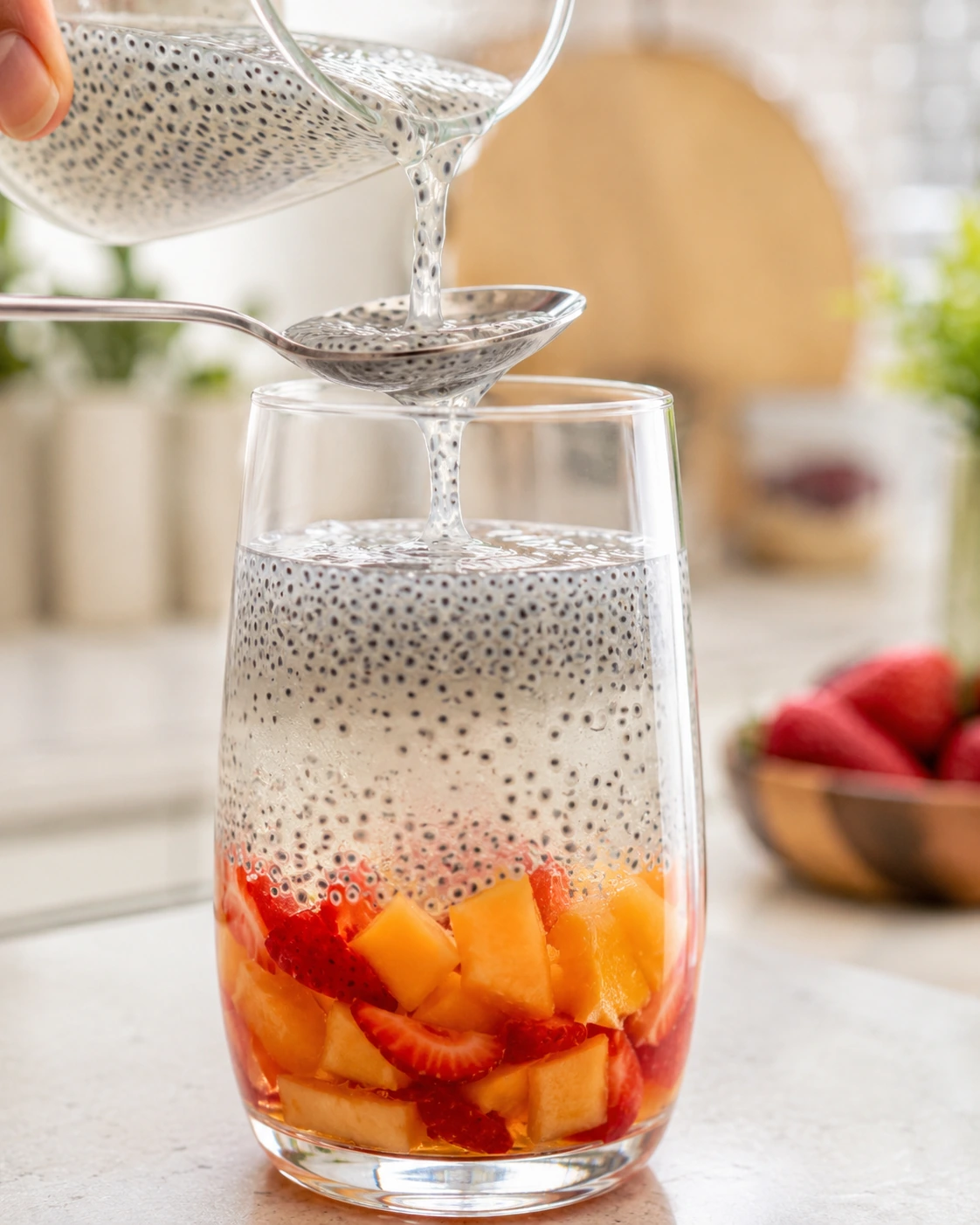 Layered fruit and basil seed cooler in a tall clear glass