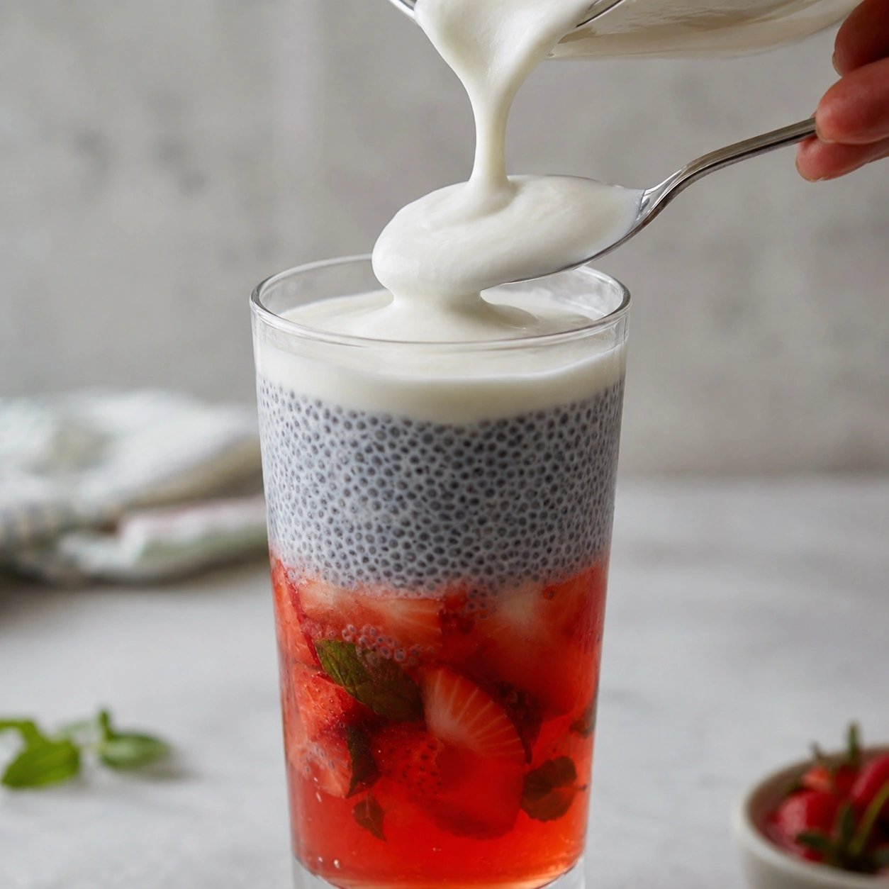 Pouring whipped cream over a spoon onto a basil seed mocktail