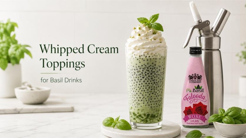 Whipped cream toppings for basil drinks with dispenser and Mr Basil falooda bottle