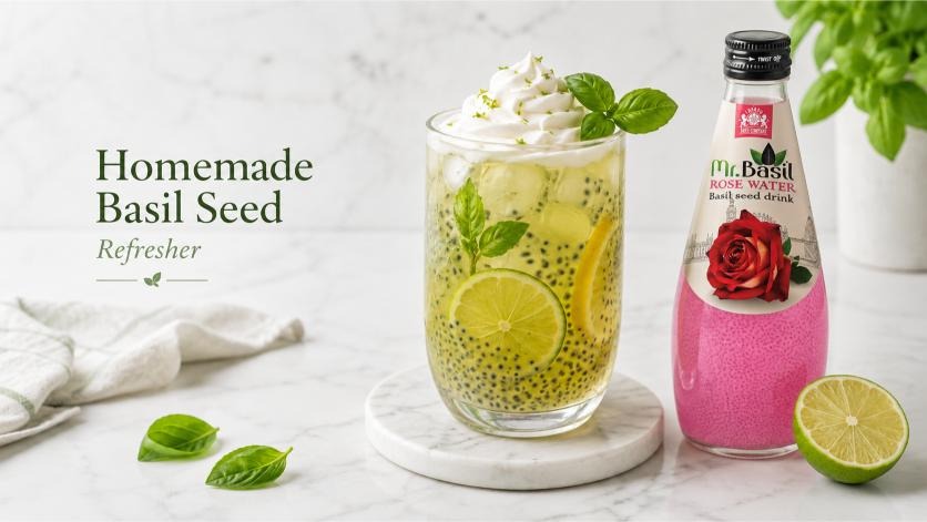 Homemade basil seed refresher with rose water bottle and whipped cream