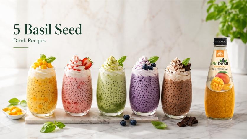 5 basil seed drink recipes with assorted toppings and mango bottle
