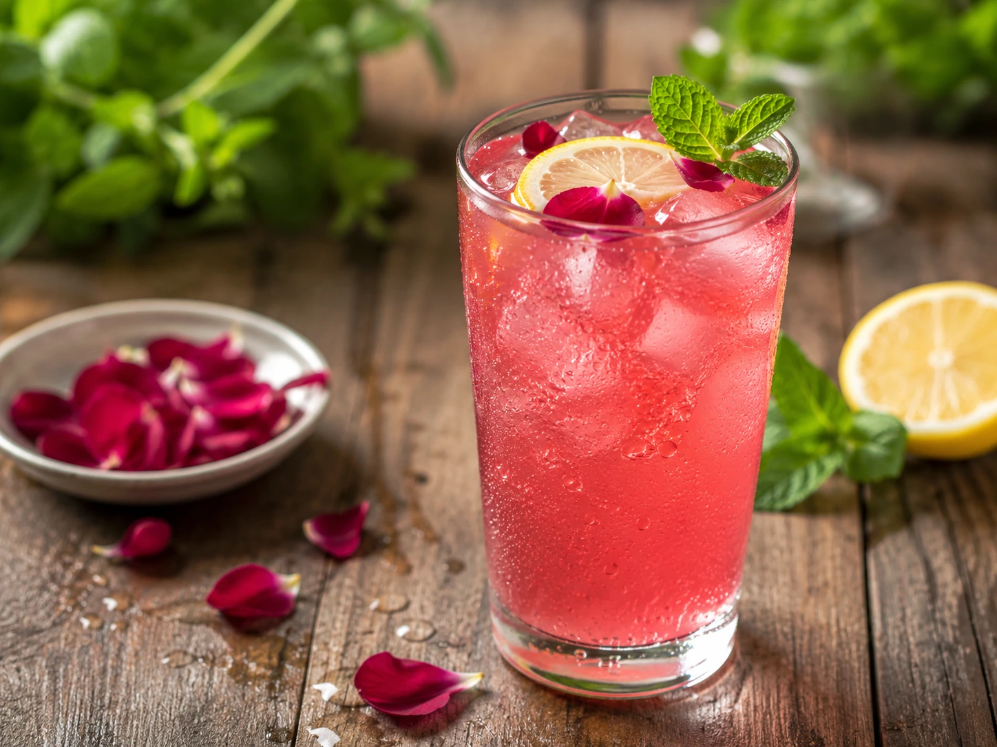 Rose sharbat drink with ice, lemon, mint and rose petals