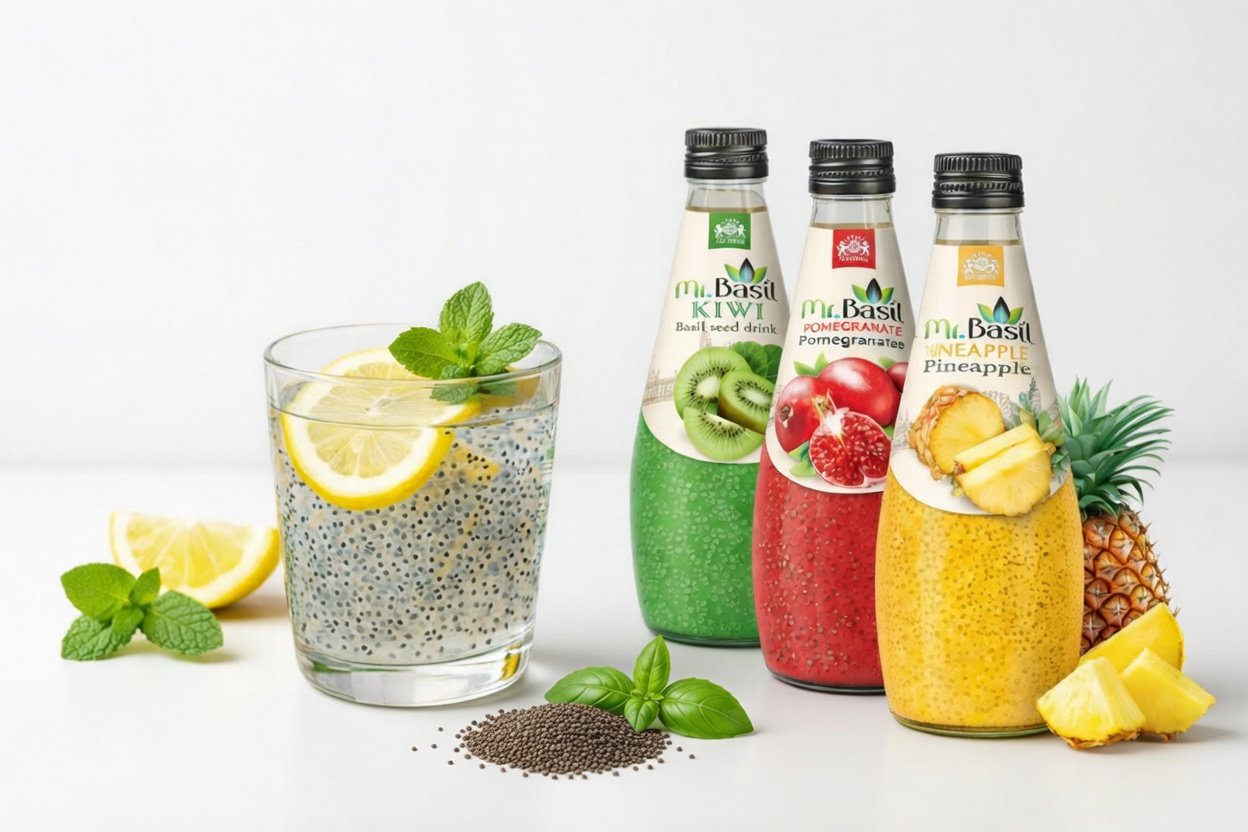Colorful Mr Basil basil seed beverages with real fruit flavors and soaked basil seeds, refreshing functional drink product display