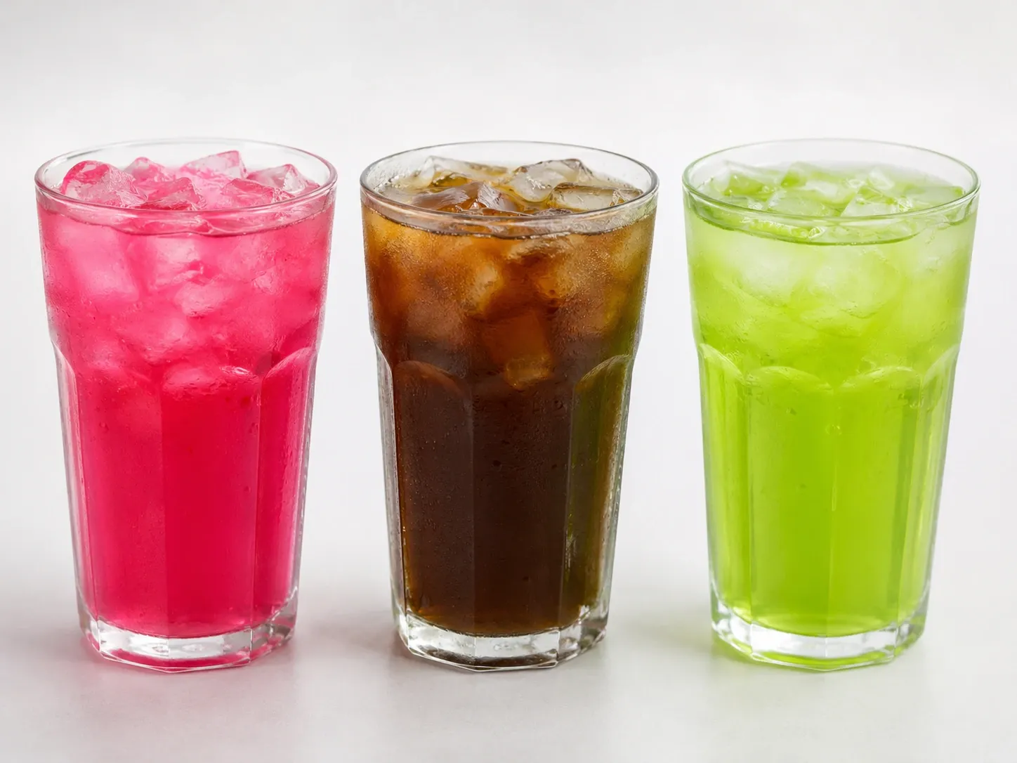 Three glasses of sharbat in different flavours and colours