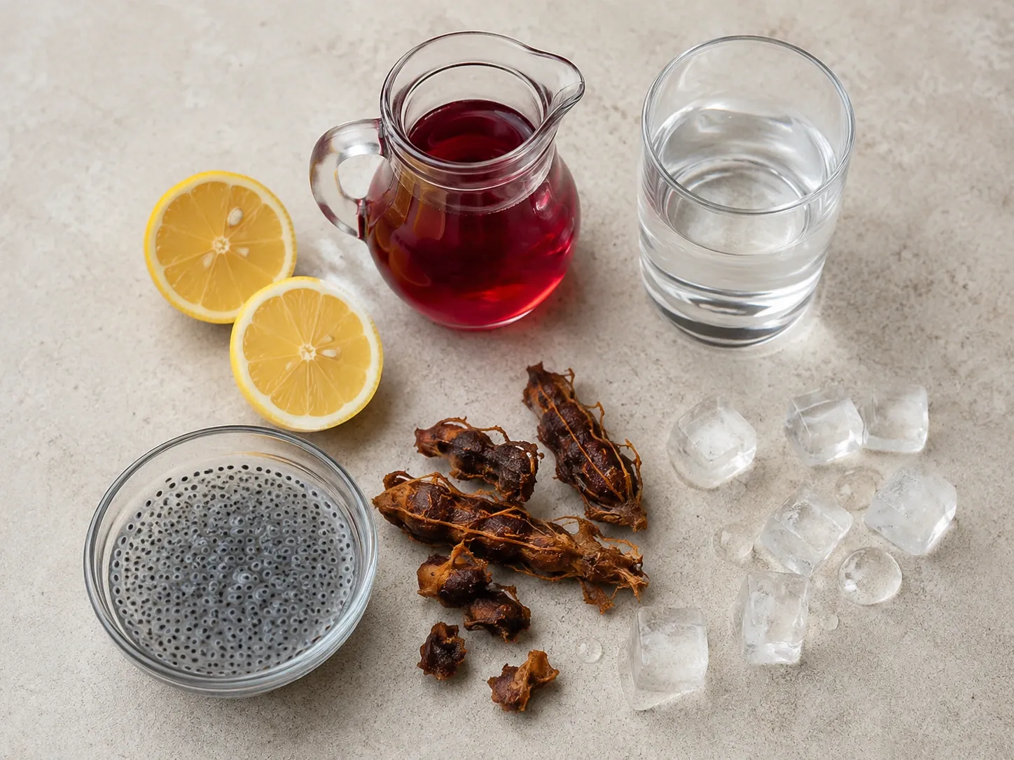 Sharbat ingredients including syrup, water, lemon and basil seeds