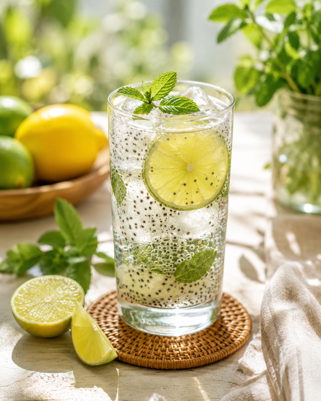 Sparkling basil seed spritzer garnished with mint and citrus
