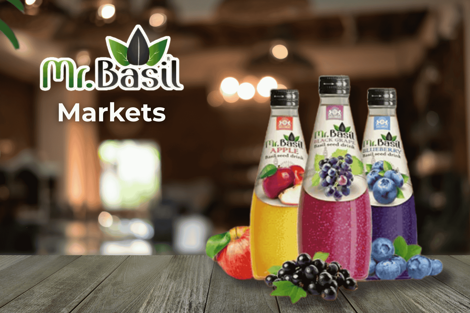 Tailoring Mr Basil for regional markets - colorful basil seed drink bottles in traditional marketplace setting