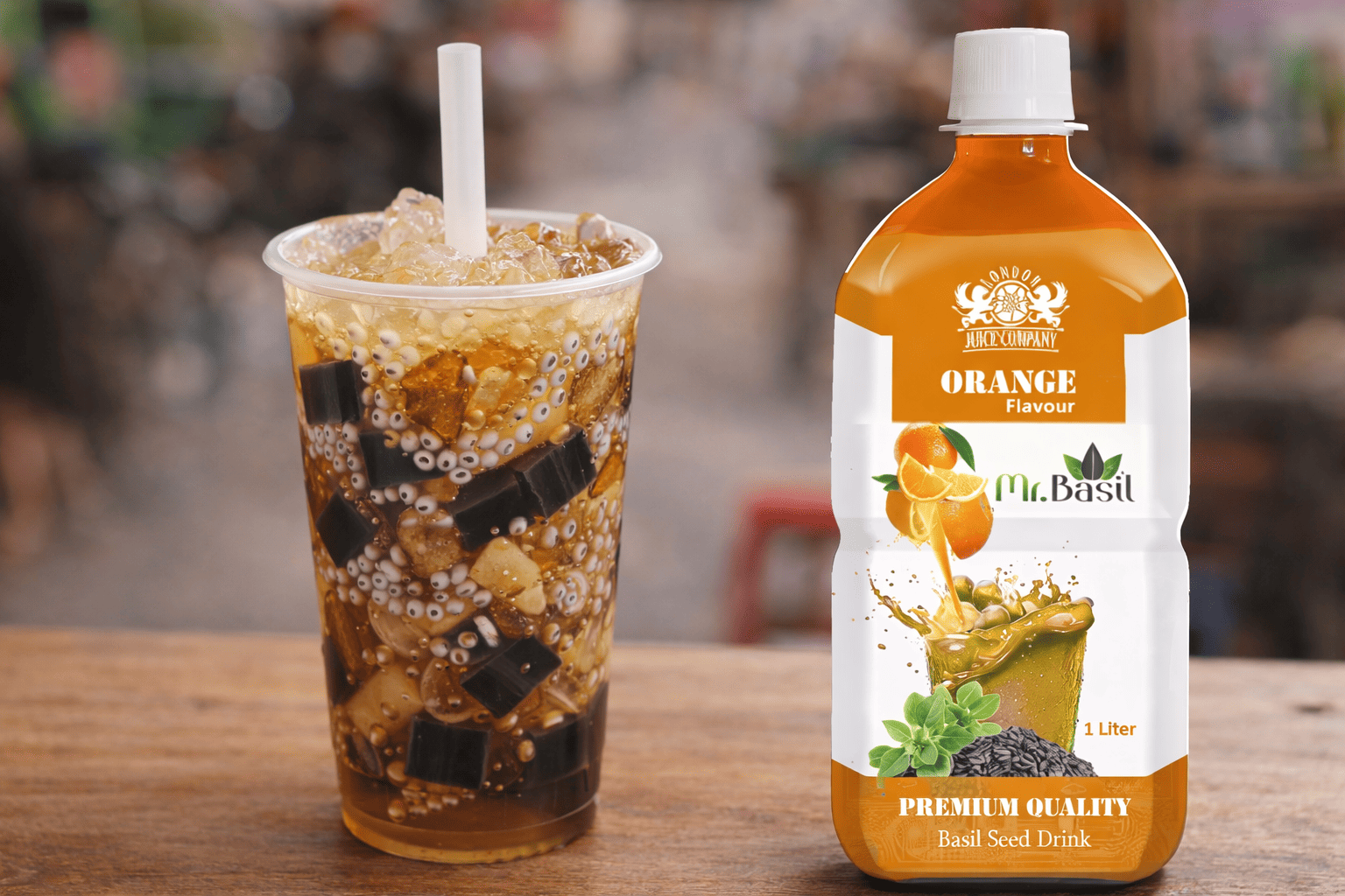 Vietnamese basil seed drink hot e with grass jelly malva nut and gel seed pearls in cup with straw