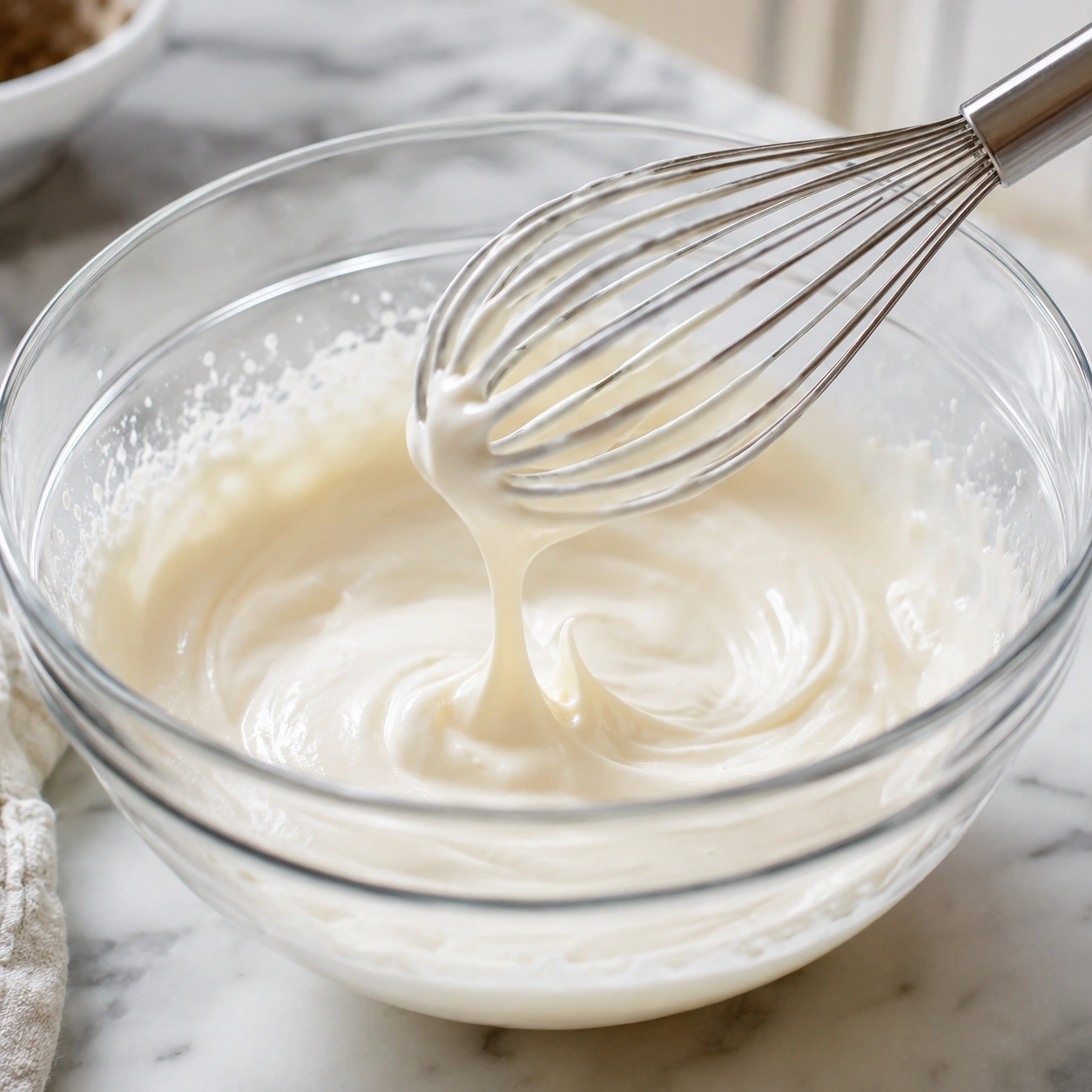 Cream whipped to soft peaks for a basil seed mocktail topping