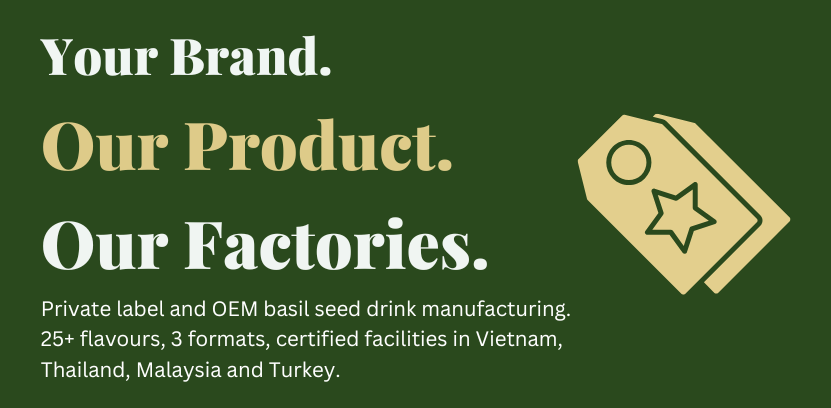 Basil seed drink wholesale supplier and container exporter hero banner with Mr Basil branding on dark green background
