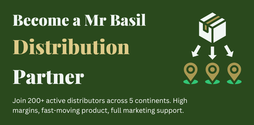 Become a Mr Basil distribution partner hero banner showing global basil seed drink distribution opportunity on dark green background