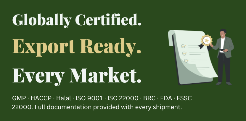 Mr Basil globally certified export ready basil seed drink supplier hero banner with certification credentials on dark green background