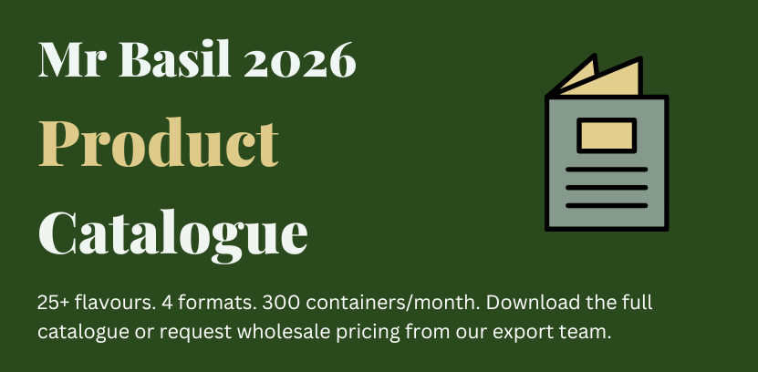 Mr Basil 2026 product catalogue hero banner for basil seed drinks and Falooda milkshakes wholesale range on dark green background