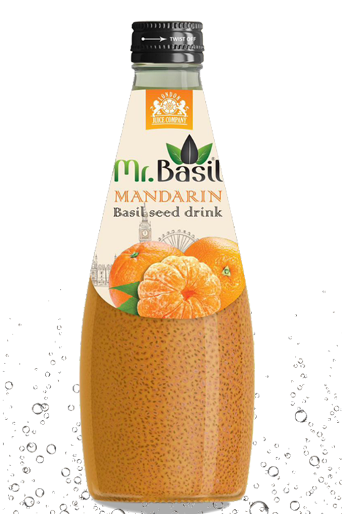 Mandarin basil seed drink in 290ml glass bottle with orange beverage