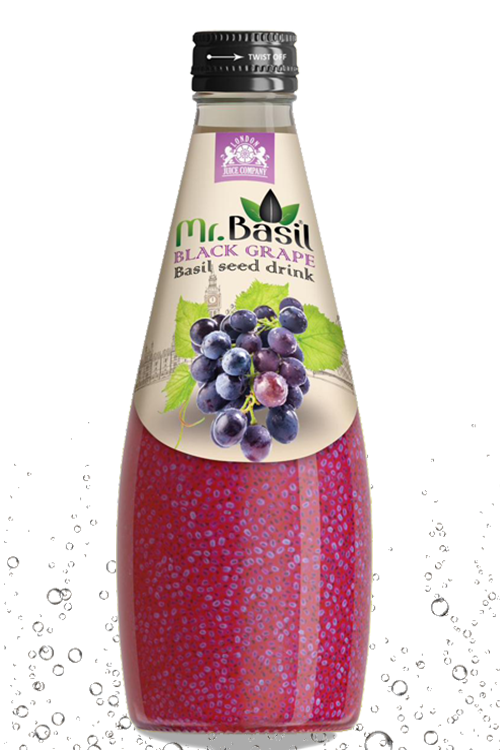 Black grape basil seed drink in 290ml bottle with purple-red liquid and visible seeds