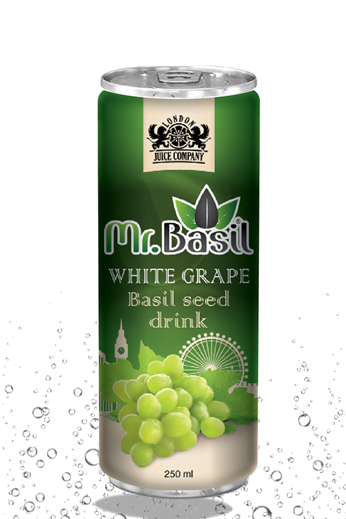 White grape basil seed drink in 250ml can with green design
