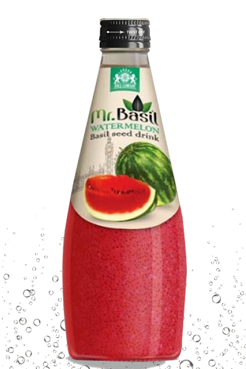 Watermelon basil seed drink in 290ml glass bottle with red beverage