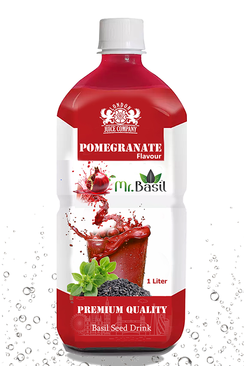 Pomegranate basil seed drink in 1 liter bottle with deep red color