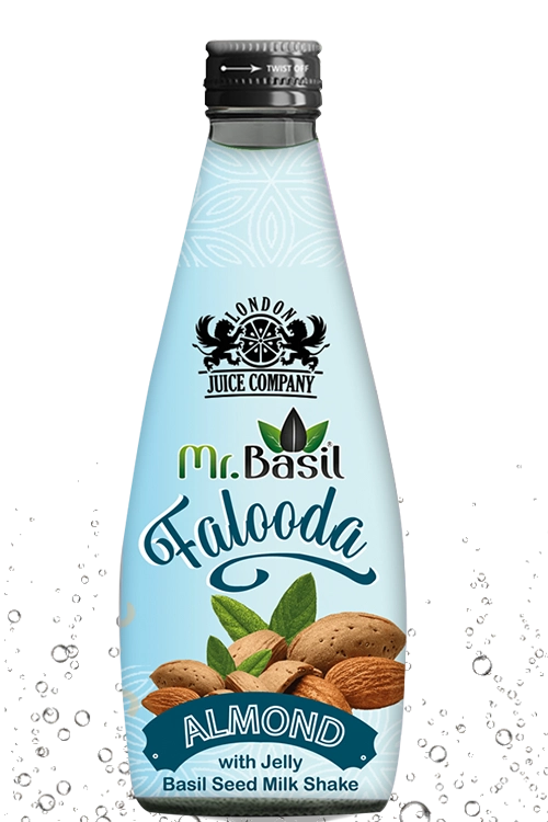 Almond falooda basil seed milk shake in 290ml bottle with blue design