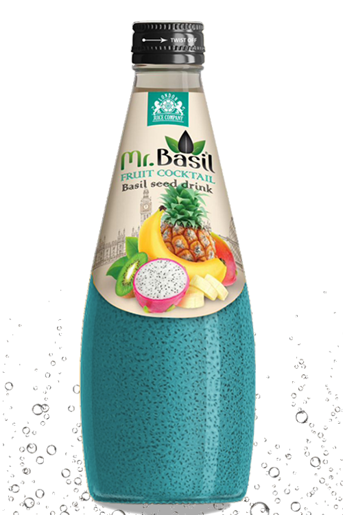 Fruit cocktail basil seed drink in 290ml glass bottle with teal beverage