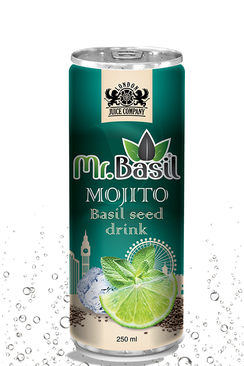 Mojito basil seed drink in 250ml can with teal design
