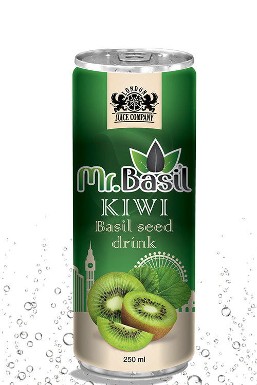 Kiwi basil seed drink in 250ml can with green design and kiwi imagery