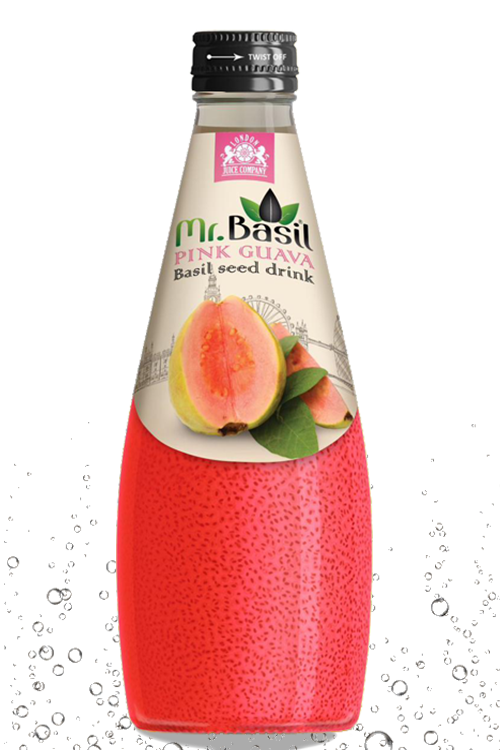 Pink guava basil seed drink in 290ml glass bottle with coral-pink beverage