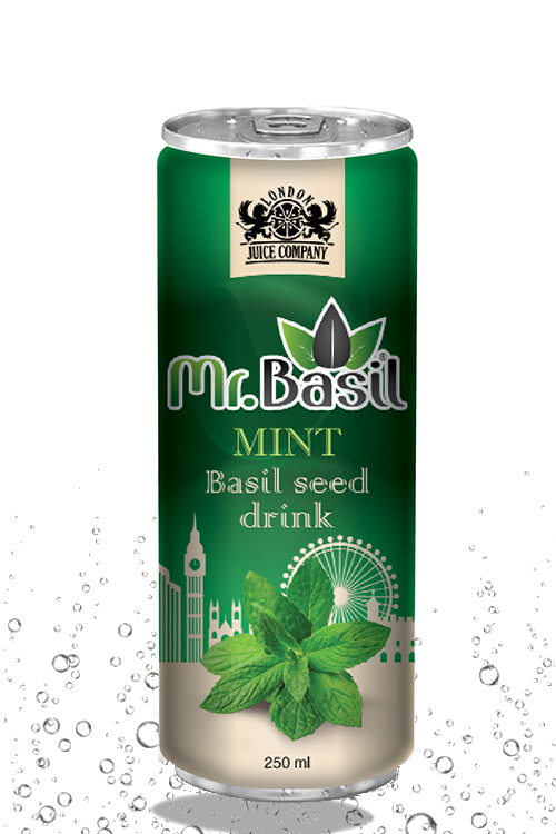 Mint basil seed drink in 250ml can with green design
