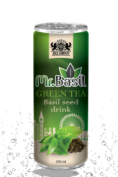 Green tea basil seed drink in 250ml can