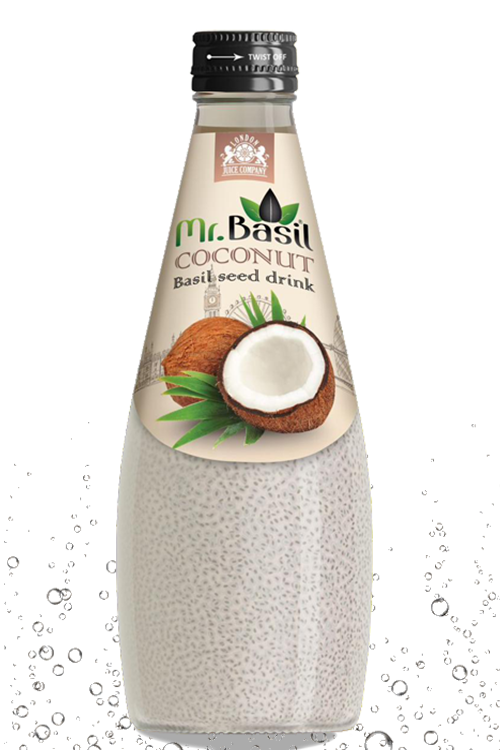 Coconut basil seed drink in 290ml glass bottle with white beverage